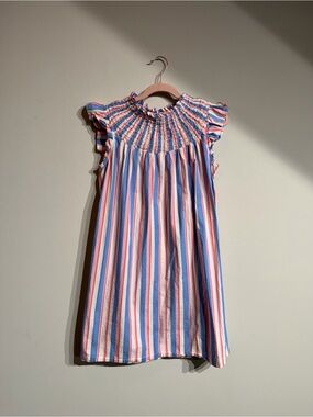 Crown & Ivy Smocked Ruffle Sleeve Striped Dress - Blue & Pink